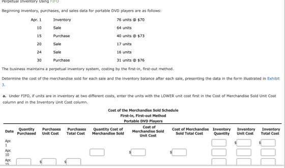 Perpetual Inventory Using FIFO Beginning inventory, purchases, and sales data for portable DVD players are as follows: Apr. 1