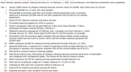 Karen Noonan opened Larkspur Cleaning Services Inc. on February 1, 2022. During February, the following transactions were com