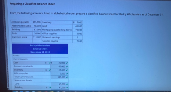 Preparing a Classified Balance Sheet From the following accounts, listed in alphabetical order, prepare a classified balance