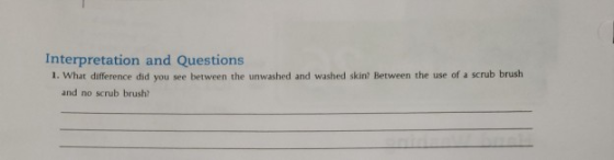 Interpretation and Questions 1. What difference did you see between the unwashed and washed skint Between the use of a scrub