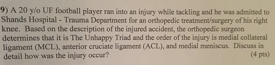 9) A 20 y/o UF football player ran into an injury while tackling and he was admitted to Shands Hospital - Trauma Department for an orthopedic treatment/surgery of his right knee. Based on the description of the injured accident, the orthopedic surgeon determines that it is The Unhappy Triad and the order of the injury is medial collateral ligament (MCL), anterior cruciate ligament (ACL), and medial meniscus. Discuss in detail how was the injury occur? (4 pts)