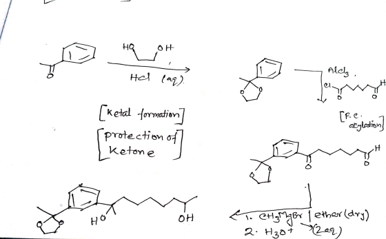 не он 2 PO He laq) 7 Alez, art [Facylation] [ketal formation (protection of Ketone J 0H HOT ET CHgMger i ether (dry) 2. H3ot