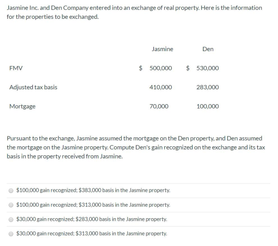 Jasmine Inc. and Den Company entered into an exchange of real property. Here is the information for the properties to be exch