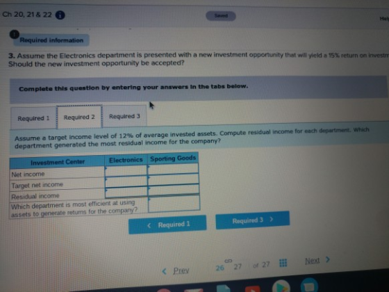 Ch 20, 21 & 22 Required information 3. Assume the Electronics department is presented with a new investment opportunity that