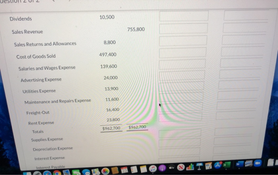 Dividends 10,500 Sales Revenue 755,800 8,800 Sales Returns and Allowances Cost of Goods Sold 497.400 139.600 Salaries and Wag