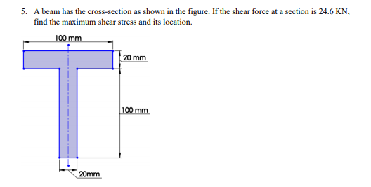 5. A beam has the cross-section as shown in the figure. If the shear force at a section is 24.6 KN, find the maximum shear st