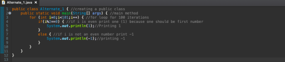 2 ILUMNde_1.java NOVOWN 1 public class Alternate 1 (T/creating a public class public static void main(String args) 7/main met