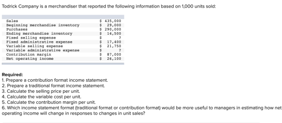 Todrick Company is a merchandiser that reported the following information based on 1,000 units sold: Sales Beginning merchand