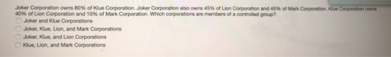 Joker Corporation owns 80% of Klue Corporation. Joker Corporation also owns 45% of Lion Corporation and 45% of Mark Corporati
