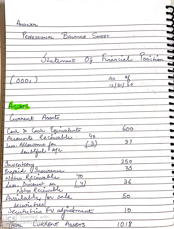 PROFESSIONAL BALANCE SHEET Statement Of Financial Position - 1000s 2 बू 12/31/ 20 600 40 37 - Assets Current Assets Cash & Ca