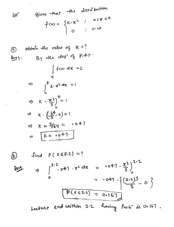 som given that the distribution. fo) = SK.*?. 0<x<4 To ; done ☺ Ango. obtain the value of K = ? By the def of pudor. dx -1 k.
