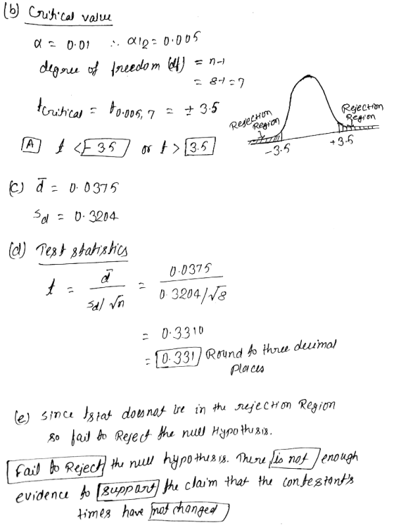 (b) Critical value a = 0.01 Alp=0.005 degree of freedom (df) = no -87-7 Horiticas = $0.006,7 = + 3.5 A ! <F357 > 13.5 Rejecho