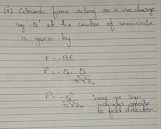 (ii) Coloumb force acting on a ave we charge say - al at the centre of semi-circle is given by f =-QE sian of TREO here are i