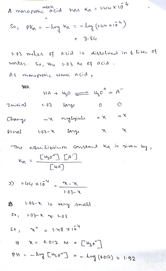 ilav 1.03 m,(es 여 acid Chane Final ye Ths 1.03-χ 1-03-X is voy 스 PH = (0.012) = 1-92