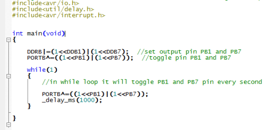 #include<avr/io.h> #include<util/delay.h> #include<avr/interrupt.h> int main(void) { DDRB |=(1<<DDB1) |(1<<DDB7); //set outpu