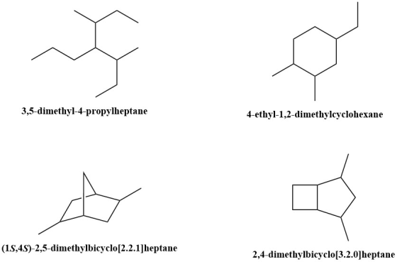 3,5-dimethyl-4-propylheptane 4-ethyl-1,2-dimethylcyclohexane (1S,AS)-2,5-dimethylbicyclo[2.2.1]heptane 2,4-dimethylbicyclo[3.