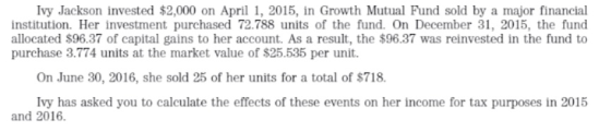 Ivy Jackson invested $2,000 on April 1, 2015, in Growth Mutual Fund sold by a major financial institution. Her investment pur