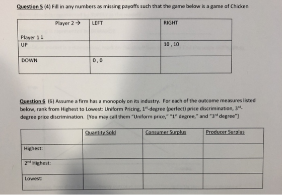 Question 5 (4) Fill in any numbers as missing payoffs such that the game below is a game of Chicken Player 2 LEFT RIGHT Playe