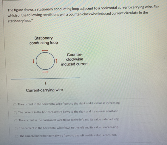 The figure shows a stationary conducting loop adjacent to a horizontal current-carrying wire. For which of the following cond