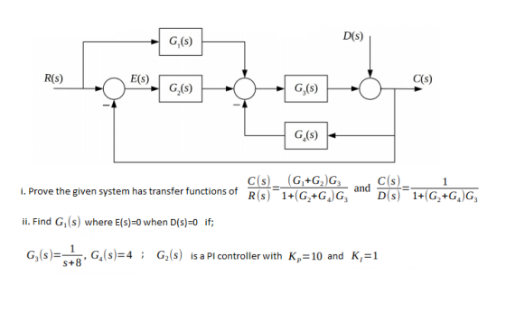 D(S) G(S) R(s) G,(s) G () G.) i. Prove the given system has transfer functions of C(s)_ (G,+G2) R(S) 1+G +G) G3 esc, and 63)=
