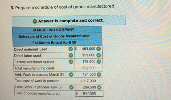 3. Prepare a schedule of cost of goods manufactured. Answer is complete and correct. MARCELINO COMPANY Schedule of Cost of Go