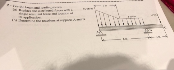 2 or the beam and loading shown: (a Replace the distributed forces with a 16 kN/m ingle resultant force and location of its application. 6 KN 8 KN/m (b) Determine the reactions at supports A and B. 3 m 6 m