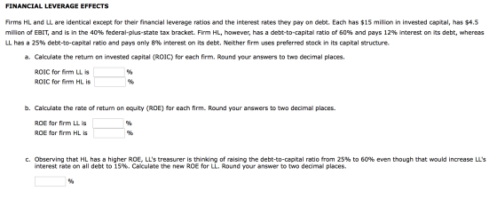 FINANCIAL LEVERAGE EFFECTS Firms HL and LL are identical except for their financial leverage ratios and the interest rates th