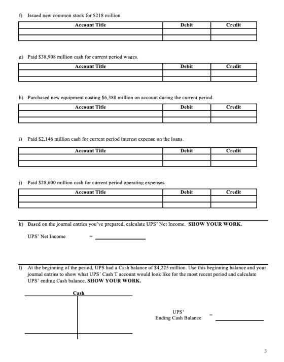 f) Issued new common stock for $218 million. Account Title Debit Credit g) Paid $38,908 million cash for current period wages