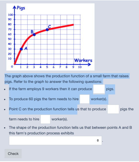 Pigs tt LILIW Workers 9 10 o i 2 3 4 5 6 7 8 The graph above shows the production function of a small farm that raises pigs.