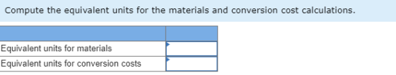 Compute the equivalent units for the materials and conversion cost calculations. Equivalent units for materials Equivalent un