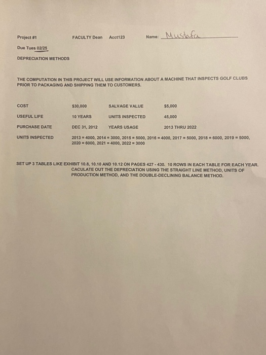 Project 01 FACULTY Dean Acct123 Name: _Mustafa Due Tues 02/25 DEPRECIATION METHODS THE COMPUTATION IN THIS PROJECT WILL USE I