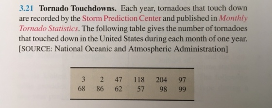 3.21 Tornado Touchdowns. Each year, tornadoes that touch down are recorded by the Storm Prediction Center and published in Monthly Tornado Statistics. The following table gives the number of tornadoes that touched down in the United States during each month of one year. SOURCE: National Oceanic and Atmospheric Administration] 3 2 47 118 204 97 68 86 62 57 98 99