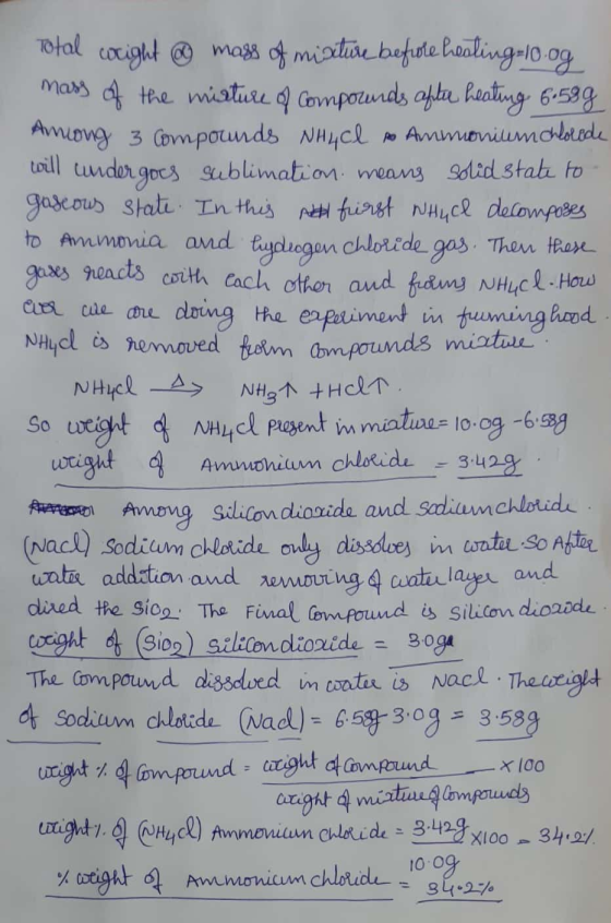 Total cright © mass of misture before healing-lo-og mass of the mixture of compounds after heating 6.5gg Among 3 compounds NH