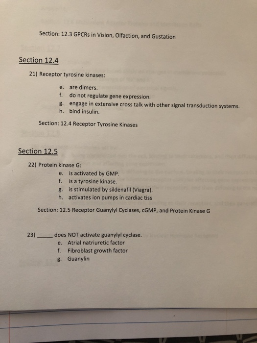 Section: 12.3 GPCRS in Vision, Olfaction, and Gustation Section 12.4 21) Receptor tyrosine kinases: are dimers. e. f. do not