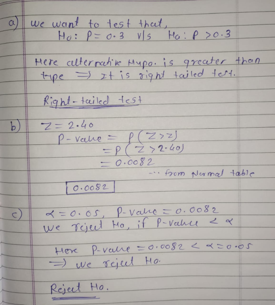 a we want to test that, Hoi p=0.3 rls Ha: p > 0.3 Here alternative Mupo. is greater than tipe It is gight tailed test. Right-