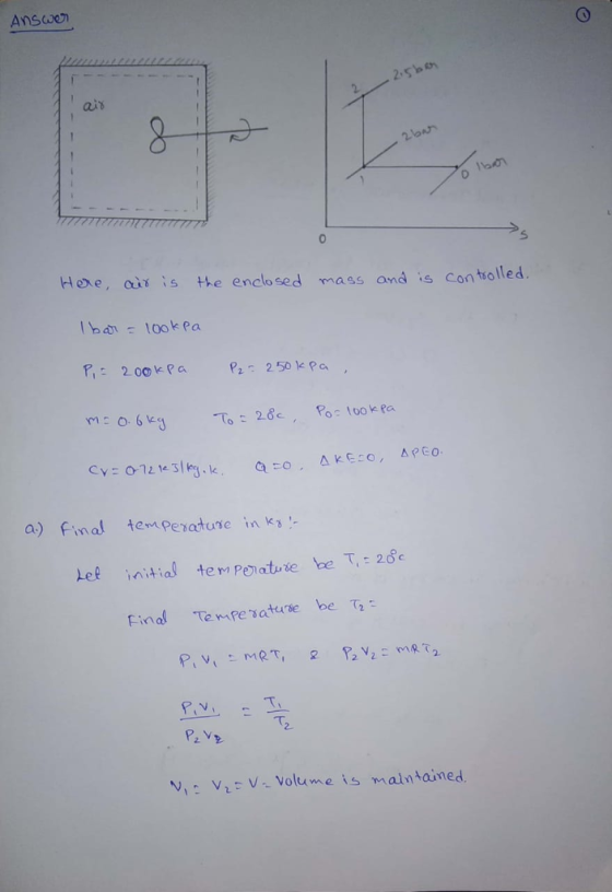 Answen air 5 Hee, aix is the enclosed mass and is contolled ba look pa P,: 200kPa P 250 k Pa 68Po look a a) Final tempexatune in k Jet initial tem patuie be T, 26c Fil Tèrfe satere be互 n a 2