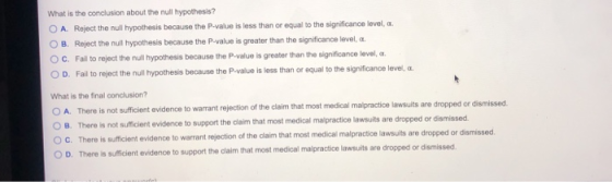 What is the conclusion about the null hypothesis? O A Reject the null hypothesis because the P-value is less than or equal to