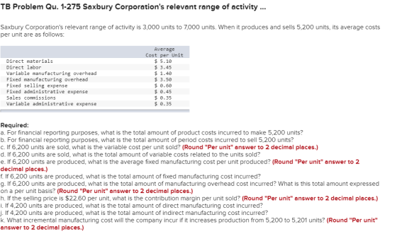 TB Problem Qu. 1-275 Saxbury Corporations relevant range of activity Saxbury Corporations relevant range of activity is 3,0