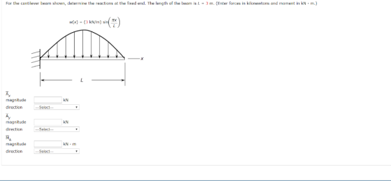 For the cantilever beam shown, determine the reactions at the fixed end. The length of the beam is L 3 m. Enter forces in kil
