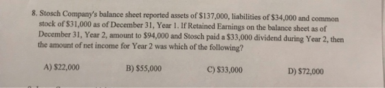 8. Stosch Companys balance sheet reported assets of $137,000, liabilities of $34,000 and common stock of $31,000 as of Decem