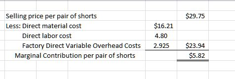 $29.75 Selling price per pair of shorts Less: Direct material cost Direct labor cost Factory Direct Variable Overhead Costs M
