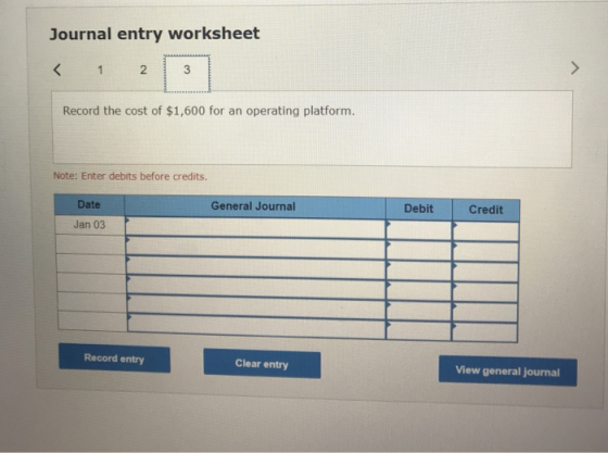 Journal entry worksheet < 1 2 3 Record the cost of $1,600 for an operating platform. Note: Enter debits before credits. Gener