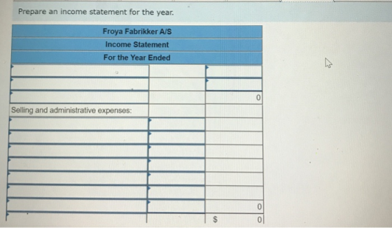Prepare an income statement for the year. Froya Fabrikker A/S Income Statement For the Year Ended Selling and administrative