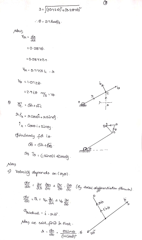 3. 00720)+(0.2376) ..9=27 hadds Now Vo = der dt -0.2870. 2 0.287X24 Vor=0.775 4 Vo =liorzo. CA 22.9 co m/s - Vo C r b) od=0AH