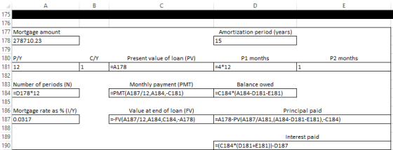 175 Amortization period (years) 15 CNY Present value of loan (PV) P1 months P2 months FA178 |=4*12 176 177 Mortgage amount 17