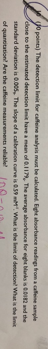 J 0 points) The detection limit for caffeine analysis must be calculated. Eight absorbance readings from a caffeine sample cl
