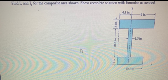 Find I, and ly for the composite area shown. Show complete solution with formulae as needed. - 3 in. -10.5 in