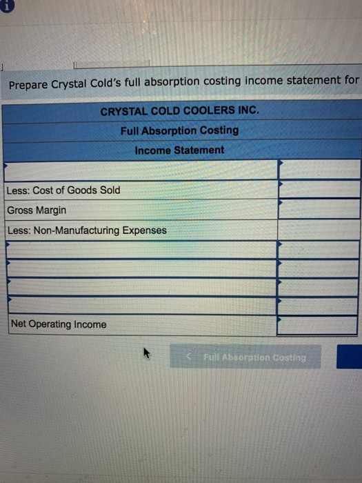 Prepare Crystal Colds full absorption costing income statement for CRYSTAL COLD COOLERS INC. Full Absorption Costing Income