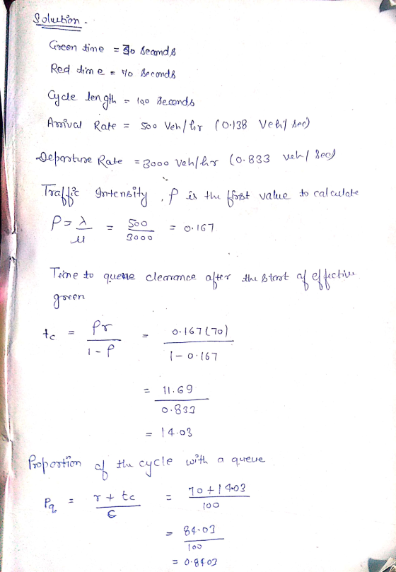 Solution . Ciseen time = go seands Red time = to Beconde 100 Seconds Cycle length Amival Rate = Soo Vehler (0.138 Vehl bec) n