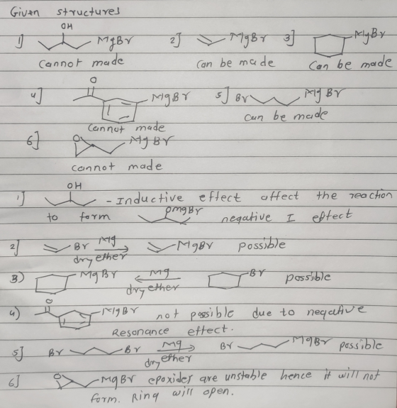 Given structures OH I u Mg Br J Mg By ] T Hly By cannot made I can be made can be made y Mg Br soru Ag BV can be made Cannut